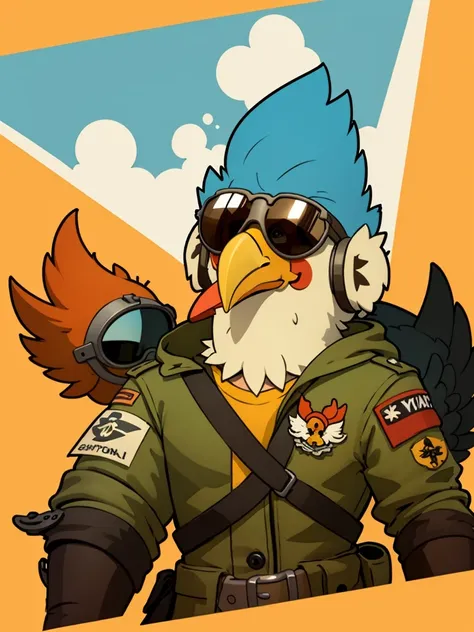 a cartoon chicken wearing aviator sunglasses and a flight jacket, stylized like retro 80's coloring