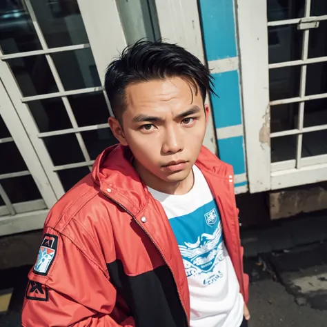 an Indonesian man wearing a jacket and standing straight facing the front. The photo was taken from a front position, urban background, the image looks like it was taken by a professional photographer.