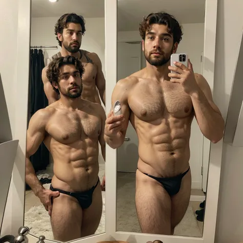 Handsome man , light bearded, muscular body , medium curly hair , mirror selfie