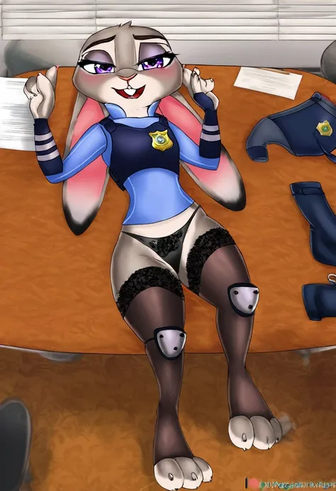 Zootopia, Judy Hopps, Anthropomorphic rabbit, woman, wearing a police top, Dressed in black panties, Dressed in Stockings, lying on the office table, dangled her legs over the edge of the table