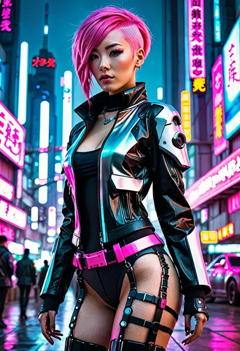 Cyberpunk cityscape、Dressed in futuristic clothing、A beautiful woman with pink hair is looking at me like a model.。