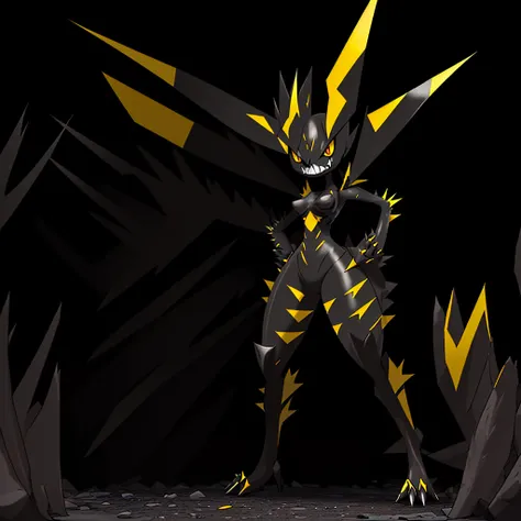 pokemon, evolved, Yellow eyes, Sharp teeth, legendary, rocky looking, skin colored underneath, black with yellow on top, black stripes on the upper part of the body, pointed tail, arms with thorns, thick thighs, long legs, alone standing in the middle of a...