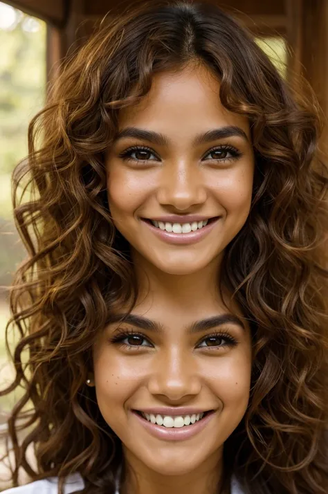 Latin woman face, light yellow skin color, large eyes, Brown eyes, smiling eyes, splattered nose, long light brown hair, curly hair, small mouth