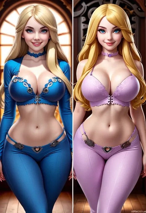 extremely beautiful, female clockwork cyborg, long blonde hair, perky breasts, cleavage, arms and legs made of wood, with exsposed clockwork gears,  Wide Smile, Eyes Detailed & Wide, sexy Pose. Ultra HD, Rococo-Inspired Fantasy Art With Intricate Details. ...