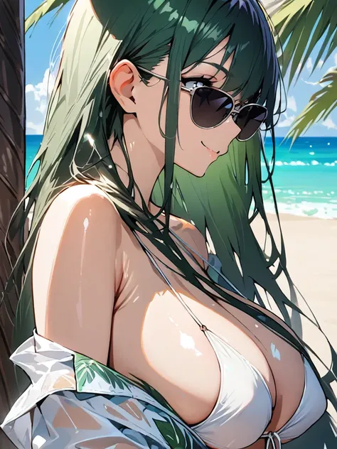 (masterpiece)、(absurdres)、(ultra detailed)、(shiny dark green hair)、(solo girl)、(dark green eyeiddle breast:0.9、(straight long hair、(off shoulder white bikini,sunglasses、smile、Tropical Beach、upper body ahot,side view,