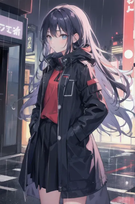 1girl,night city,rain,coat,hands in pockets