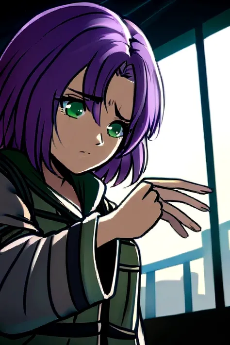 Girl in combenison, Chernobyl exclusion zone, S.T.A.L.K.E.R, purple hair, green eyes, scar above her left eyebrow, unarmed, five fingers on her left hand, five fingers on her right hand, sad.