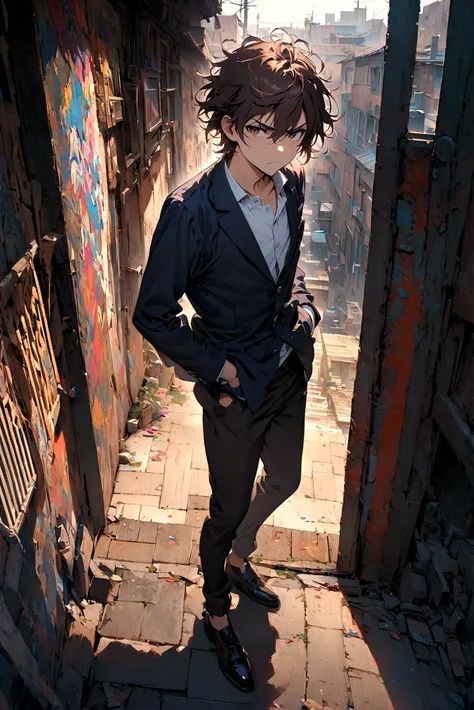 Teenage boy, Messy hair, medium length hair, dark brown hair, eyes black, serious face hands in pockets, white school shirt, dark blue school jacket, dark brown pants with details, black dress shoes, scene on a school terrace, lot of details