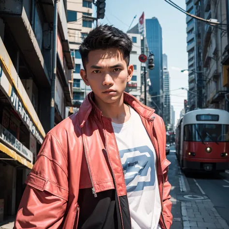 an Indonesian man wearing a jacket and standing straight facing the front. The photo was taken from a front position, urban background, the image looks like it was taken by a professional photographer.