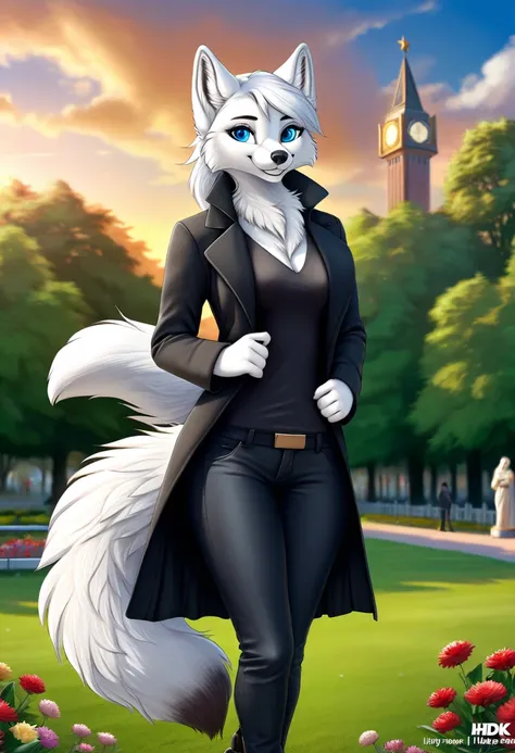 Hairy Women, arctic fox, mammal, A beautiful furry fox girl is standing in a park posing against, She looks at the audience and smiles, She wears a black trench coat, Black pants,looking off to the side, Field of view, sky空, sky, Beautiful blue eyes, Award...