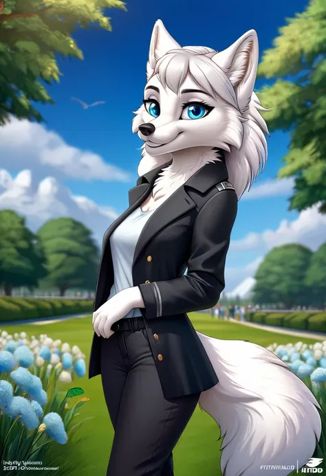 Hairy Women, arctic fox, mammal, A beautiful furry fox girl is standing in a park posing against, She looks at the audience and smiles, She wears a black trench coat, Black pants,looking off to the side, Field of view, sky空, sky, Beautiful blue eyes, Award...