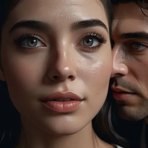 8 k, Best quality, masterpiece, Ultra high resolution, (Realism: 1.4), original photo, (realistic skin texture: 1.3), (Granularity: 1.3),  girl and guy dark style couple in love face details, masterpiece, Best quality, look at the viewer at night