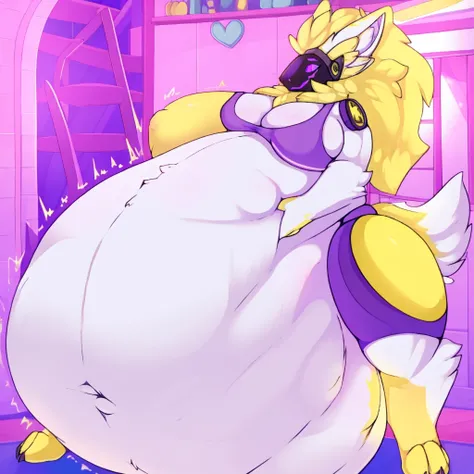 muscular Female Protogen wearing gym clothing, has white fur, has yellow mechnical parts, has purple eyes, fat, overweight, massive belly, vore, huge stomach, no bra, huge boobs, big breasts, gigantic stuffed stomach 