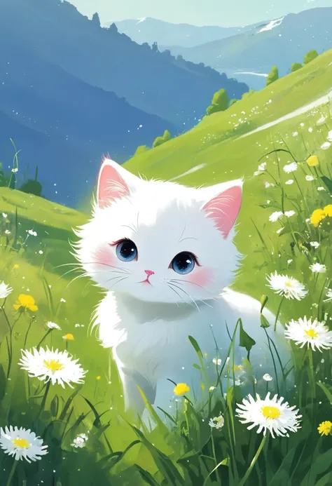 vary rendering,2D illustration, grassy hillside, dandelions dotted, White cute cat playing, soft, minimalist, quiet, high definition. --ar 3:4 --v 6.0