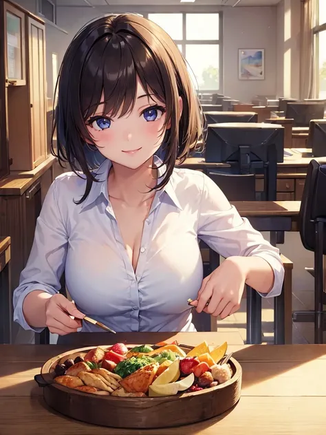 (masterpiece:1.5),(Beat quality),(high res),1girl solo,beautiful face,smile(shining eyes),upper body,light effects,Office Lady,lunch