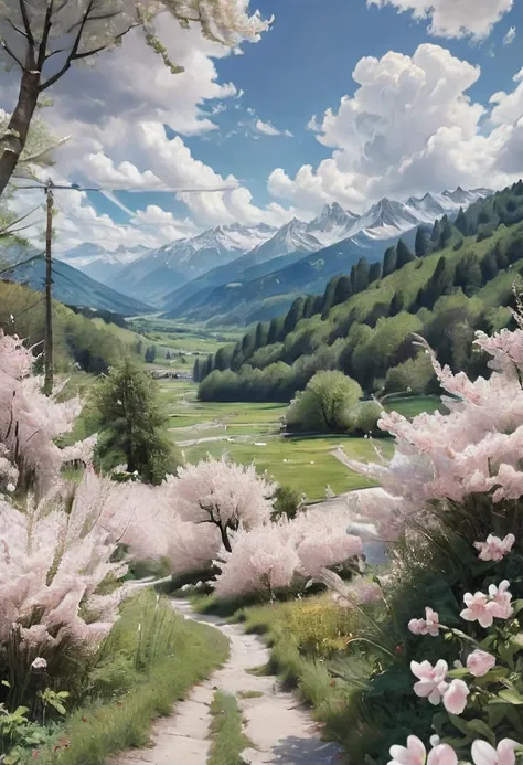 (masterpiece, top quality, Best quality, official art, beautiful and aesthetic: 1.2), I had a wonderful view of the Alps. A wide emerald valley, strewn with small white houses like flowers, ran down freely. The valley was framed by a forest that seemed alm...