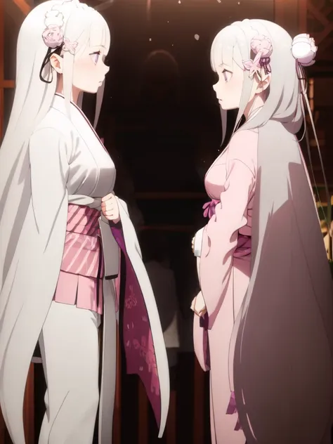 Wavy hair with light brown braids, light green eyes, light skin. Kimetso uniform in yaiba. With white and pink kimono with light flowers. Position as if you were fighting