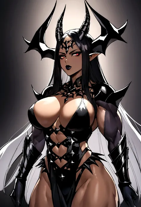 I want you to create a Demon queen she has dark horns, very strong and muscular, Your skin is dark, she has well defined and voluminous breasts and thighs, wears a flashy outfit that covers her body but she is very powerful 