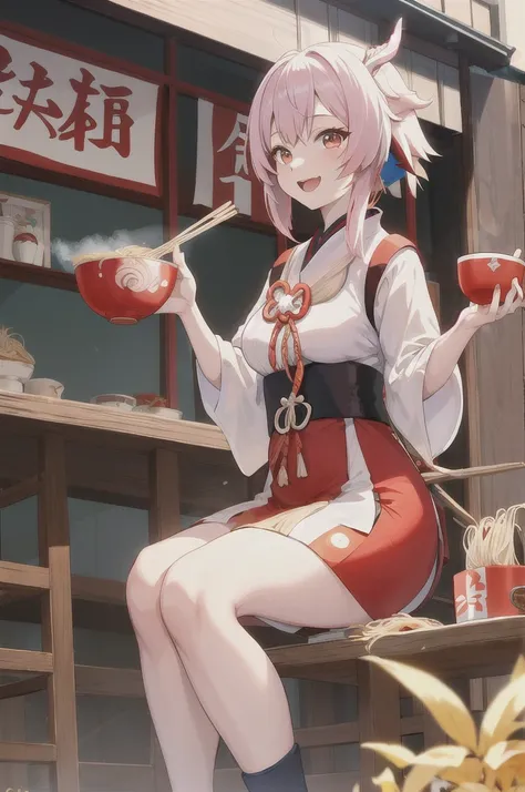 Furina from genshin impact eating holding a ramen bowl in her hands, she looks happy and slurps the noodles