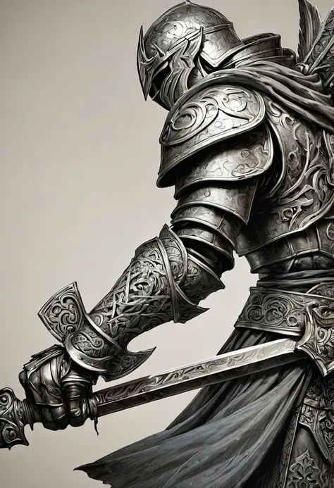 Imagine a tattoo on your arm, portraying a perjurer paladin. The design occupies the entire forearm, starting at the wrist and extending to the elbow. 

At the top, close to the elbow, is the paladin&#39;s face, half covered by helmet, with dark and empty ...