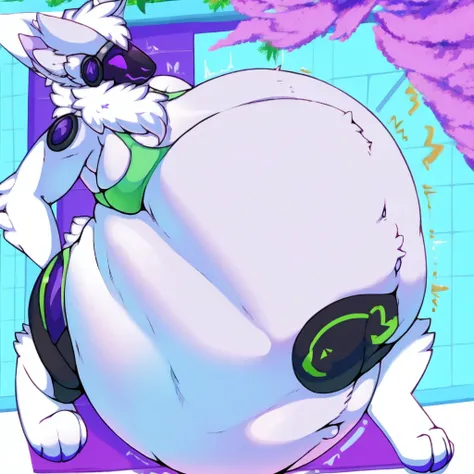 muscular Female Protogen wearing gym clothing, has white fur, has blue mechnical parts, has purple eyes, fat, overweight, massive belly, vore, huge stomach, no bra, huge boobs, big breasts, gigantic stuffed stomach 