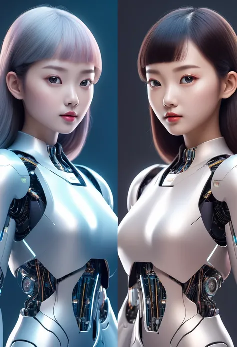 in style of 3D digital illustration, ethereal Shanghai girl, side-by-side comparison, showcasing technology and reality,The illustration on the left depicts her real face the illustration on the right reveals robot face,front view, symmetric, volumetric li...