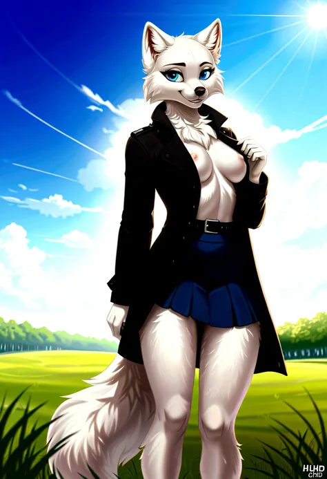 Hairy Women, arctic fox, mammal, A beautiful furry fox girl is standing in a park posing against, She looks at the audience and smiles, She wears a black trench coat, Short skirt, looking off to the side, Field of view, sky空, sky, Beautiful blue eyes, Awar...