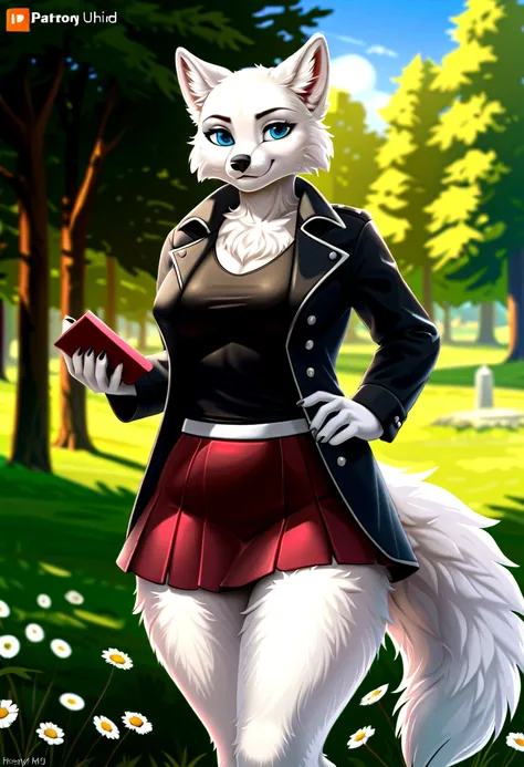 Hairy Women, arctic fox, mammal, A beautiful furry fox girl is standing in a park posing against, She looks at the audience and smiles, She wears a black trench coat, Short skirt, looking off to the side, Field of view, sky空, sky, Beautiful blue eyes, Awar...