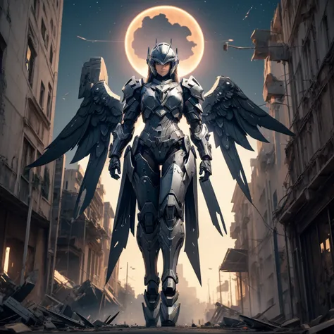 female mecha wings of angel, in black armor and helmet, in a destroyed city, the night, with an eclipse in the background