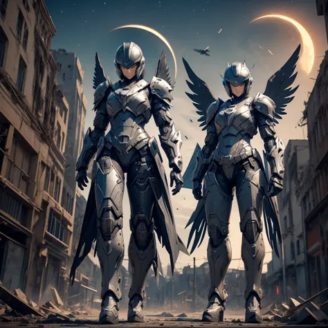 female mecha wings of angel, in black armor and helmet, in a destroyed city, the night, with an eclipse in the background