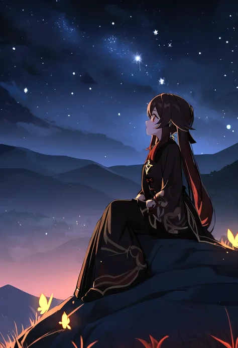 Chill, Landscape, Stars, on the mountain. Girl whos look like Hu tao from Genshin Impact Game, looking at the sky while shes sitting. Night, Shining.
