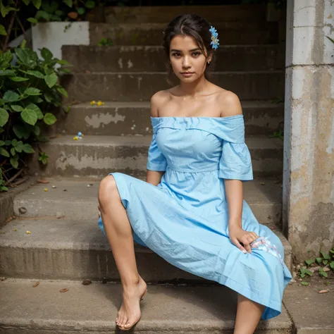 A single, one pretty Woman sitting on steps with legs crossed wearing a light blue off shoulder cotton frock with flowers designed on it she has big  and hot body, in a background of Srilanka