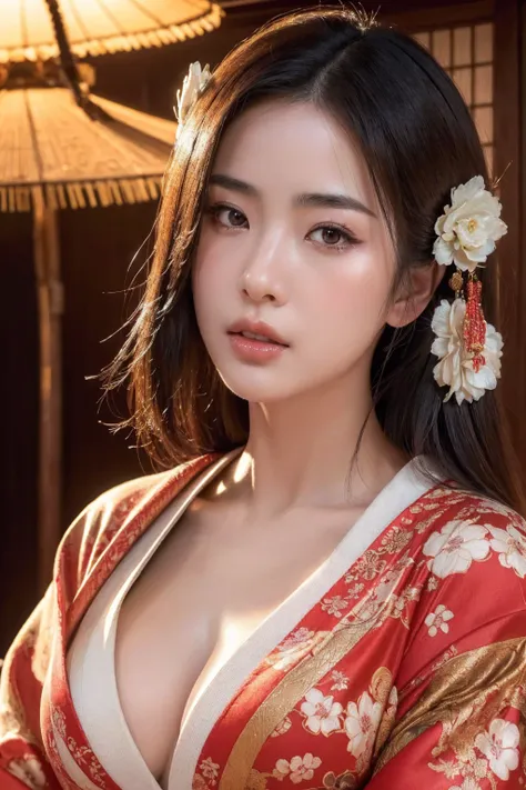 big breasted japanese woman wearing elaborate kimono, shrine, cinematic atmosphere, (best quality,4k,8k,highres,masterpiece:1.2),ultra-detailed,(realistic,photorealistic,photo-realistic:1.37),(looking at viewer),intricate details,beautiful ornate kimono,de...