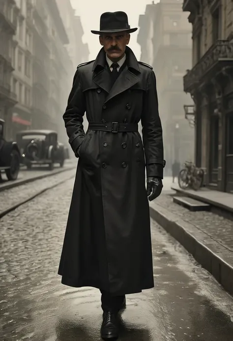 Black Trench Coat, full body, by alfred stieglitz, best quality, masterpiece, very aesthetic, perfect composition, intricate details, ultra-detailed