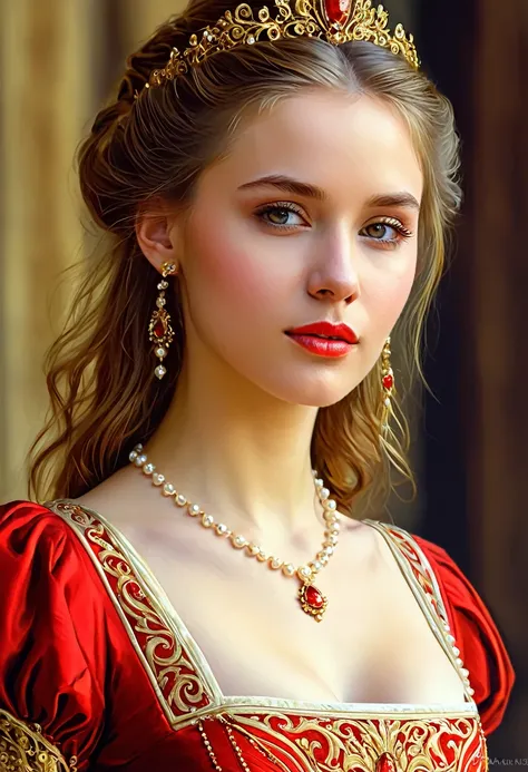 Close-up of woman in red and gold dress, Carole for UHD, beautiful girl, beautiful fantasy girl, painting beautiful, beautiful fantasy portrait, beautiful fantasy portrait, beautiful character drawing, in pearl colour, Very beautiful face, very beautiful p...