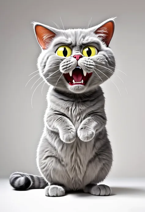 cartoon by jim davis, a humorous and expressive cartoon of an angry grey cat, standing,solid white background, humorous, express...