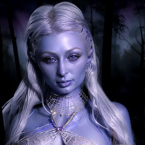 A moon elf greatly resembling Paris Hilton (age 25, blue skin, violet eyes, silver hair, sheer spider silk lingerie, silver body jewelry) is walking through a spider infested haunted woods,
