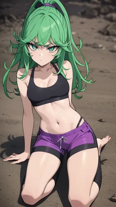 green hair,green eyes,crawl,kneel,(leash) in tight purple dolphin shorts and a purple sports bra