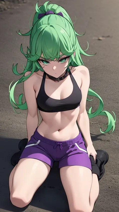 green hair,green eyes,crawl,kneel,(leash) in tight purple dolphin shorts and a purple sports bra