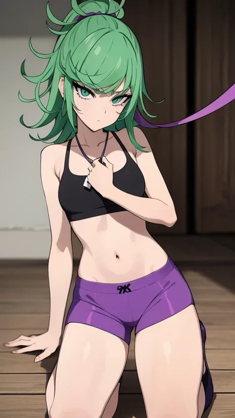 green hair,green eyes,crawl,kneel,(leash) in tight purple dolphin shorts and a purple sports bra