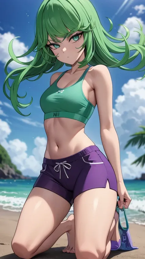 green hair,green eyes,crawl,kneel,(leash) in tight purple dolphin shorts and a purple sports bra