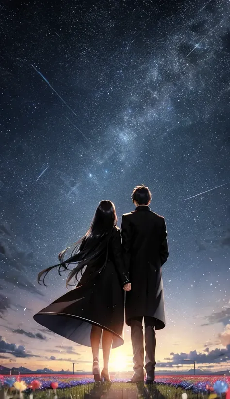 starry sky，animated scene of a couple standing in a flower field,back view，i can't see facial expressions，the man is wearing a l...