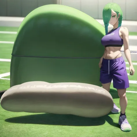 green hair,green eyes,crawl,kneel,(leash) in tight purple dolphin shorts and a purple sports bra