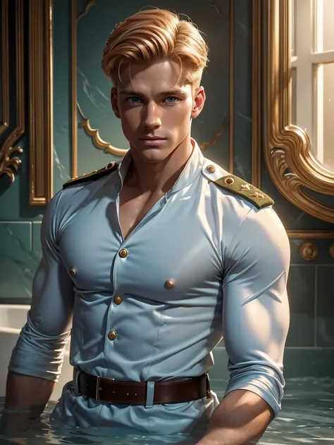 Leyendecker style illustration: digital photography, Beautiful close-up photo, Handsome blonde man in military uniform with muscular body, An ideal army officer , 6 feet 1 inch tall, weighing 170 lbs, With square jaw, pale blue eyes, light red hair and phy...