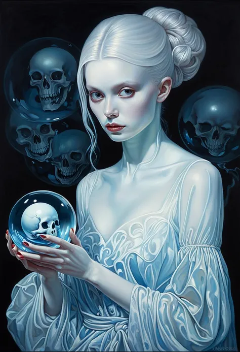 Painting of a woman holding a skull and glass ball, ghostly beautiful art, in pearl, high detail, realistic skin, James Jean and Vlop, Adrian Borda, Carole Buck and Peter Morbacher, complex heterochromatic sadness, James Jean and Peter Morbacher, James Jea...