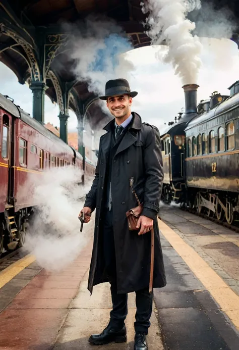 (Black Trench Coat), a traveler wearing a black windbreaker bid farewell to the departing steam train on the platform, with a smile under the brim of his hat revealing a faint reluctance. The background is a retro train station and a hurried farewell scene...