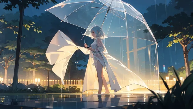 A naked woman in a transparent raincoat in a park at night