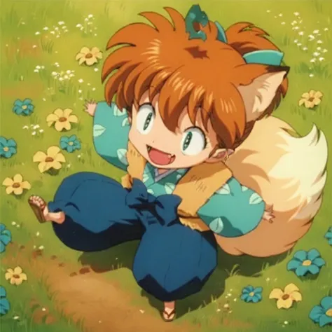 shippo happy, fox ears, sandals, field of flowers