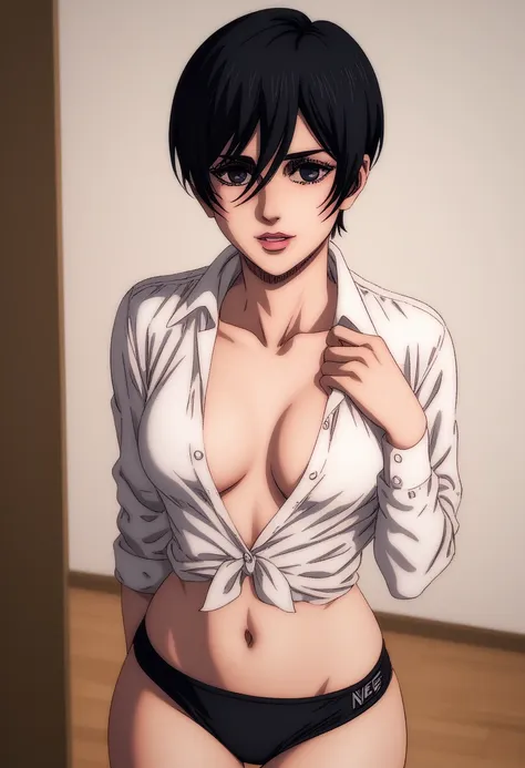 score_9_up, score_8_up, score_7_up, 1girl, solo, mature female, mikasa, very short black hair, pixie cut, black eyes, pink lips,...