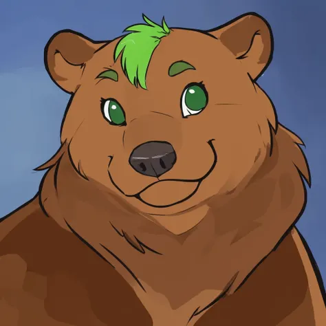 a anthropomorphic grizzly bear with green hair, closed smile, high quality furry art, cute.